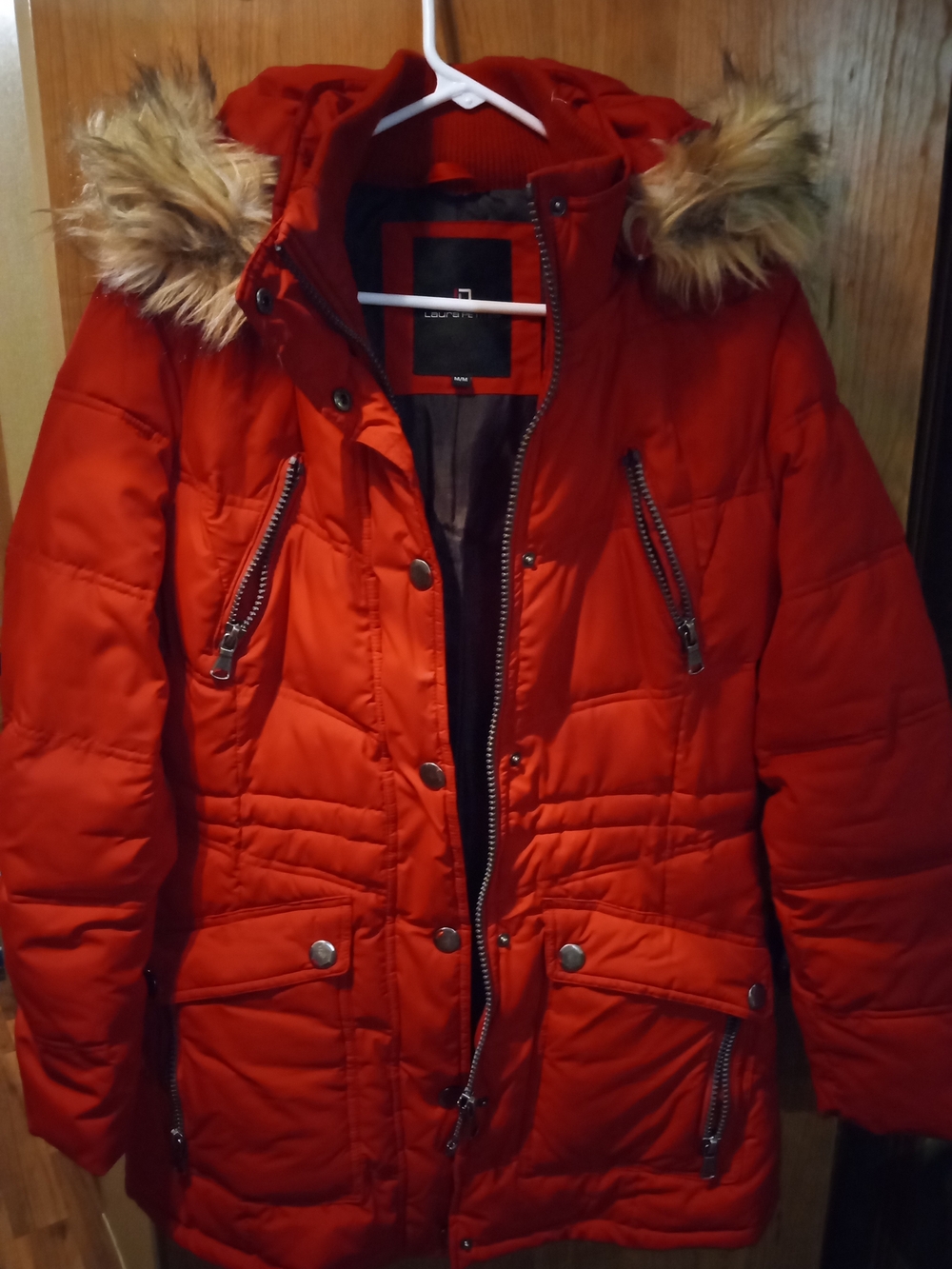 Women's Winter Red Quilted Puffer Coat with Faux-Fur Hood